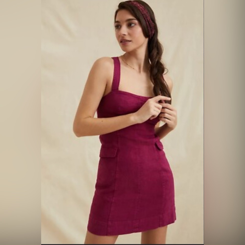 Anthropologie Raspberry Flap Pocket Stretch Linen Blend Zip Mini Dress Size 4